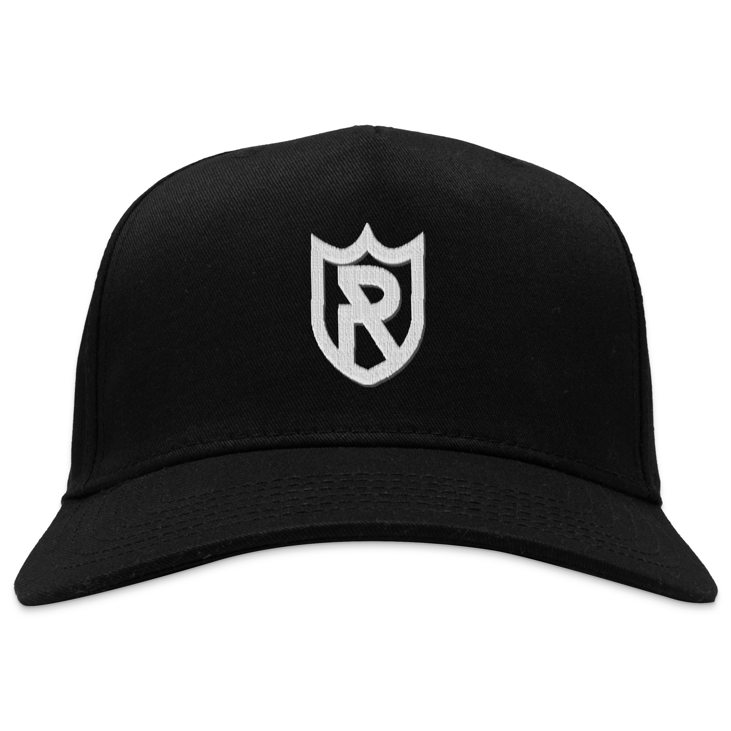 Royal Retros cream snapback hat. Black with black bill. Shield outlined in white, with R in center. Royal Retros