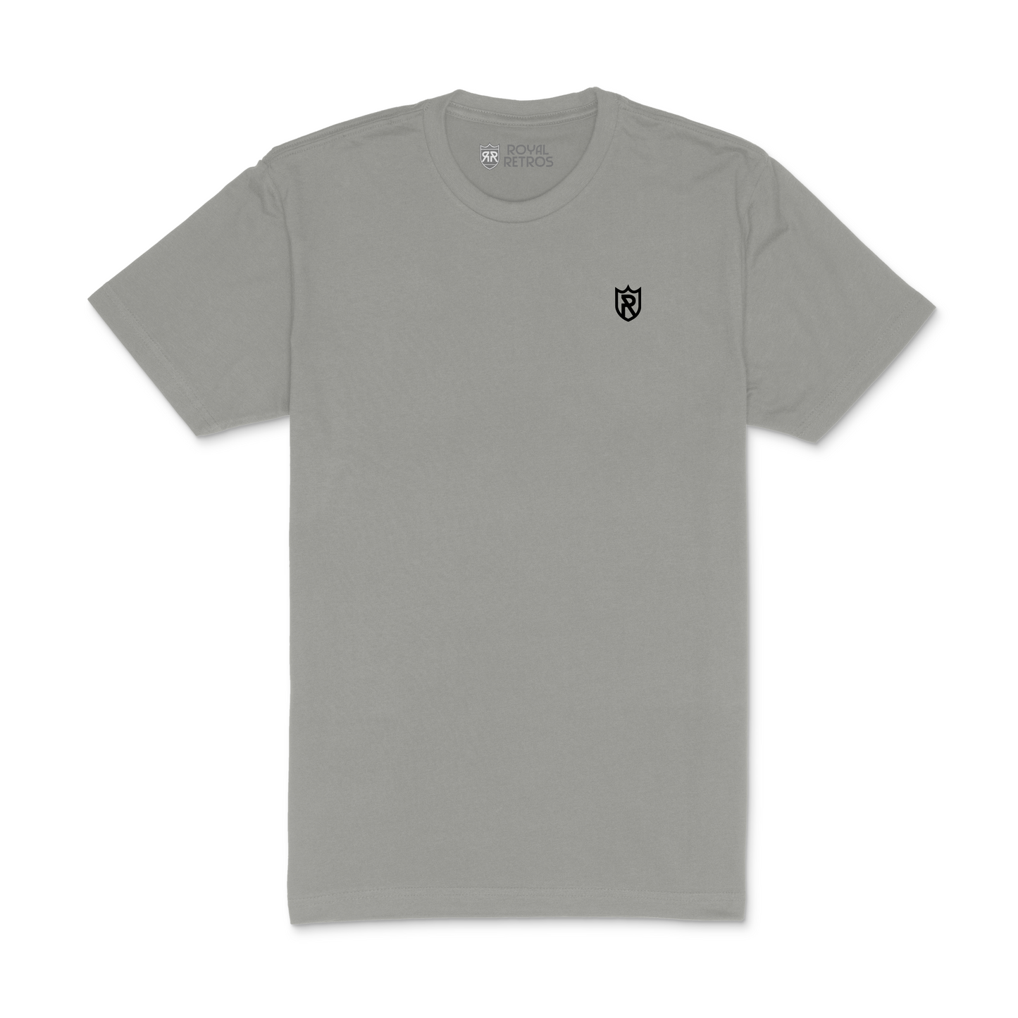 Royal Retros athletic T-shirt. Gray. Royal Retros logo on left chest. Logo is a black outlined shield with an R in the middle. Royal Retros