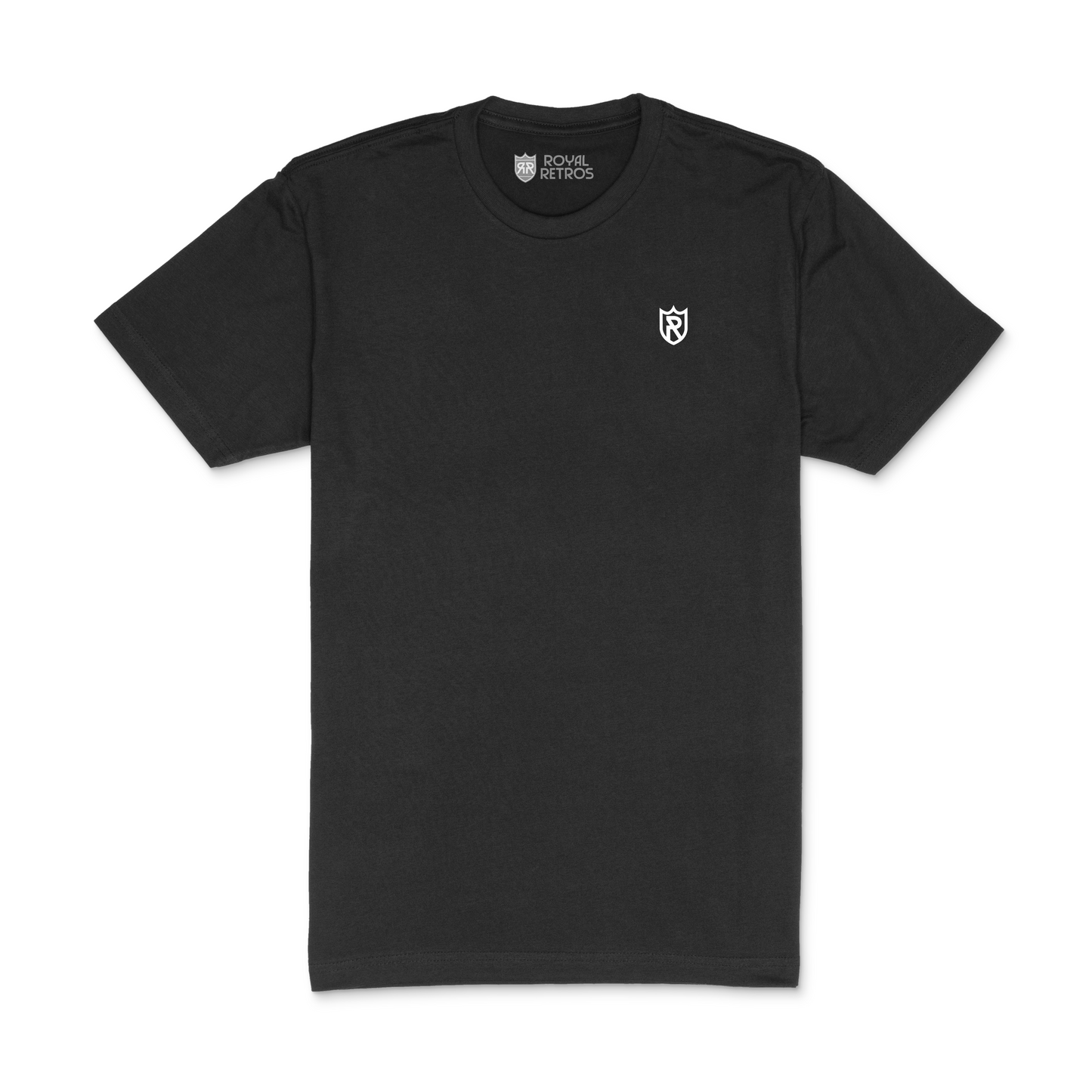 Royal Retros athletic T-shirt. Black. Royal Retros logo on left chest. Logo is a white outlined shield with an R in the middle. Royal Retros