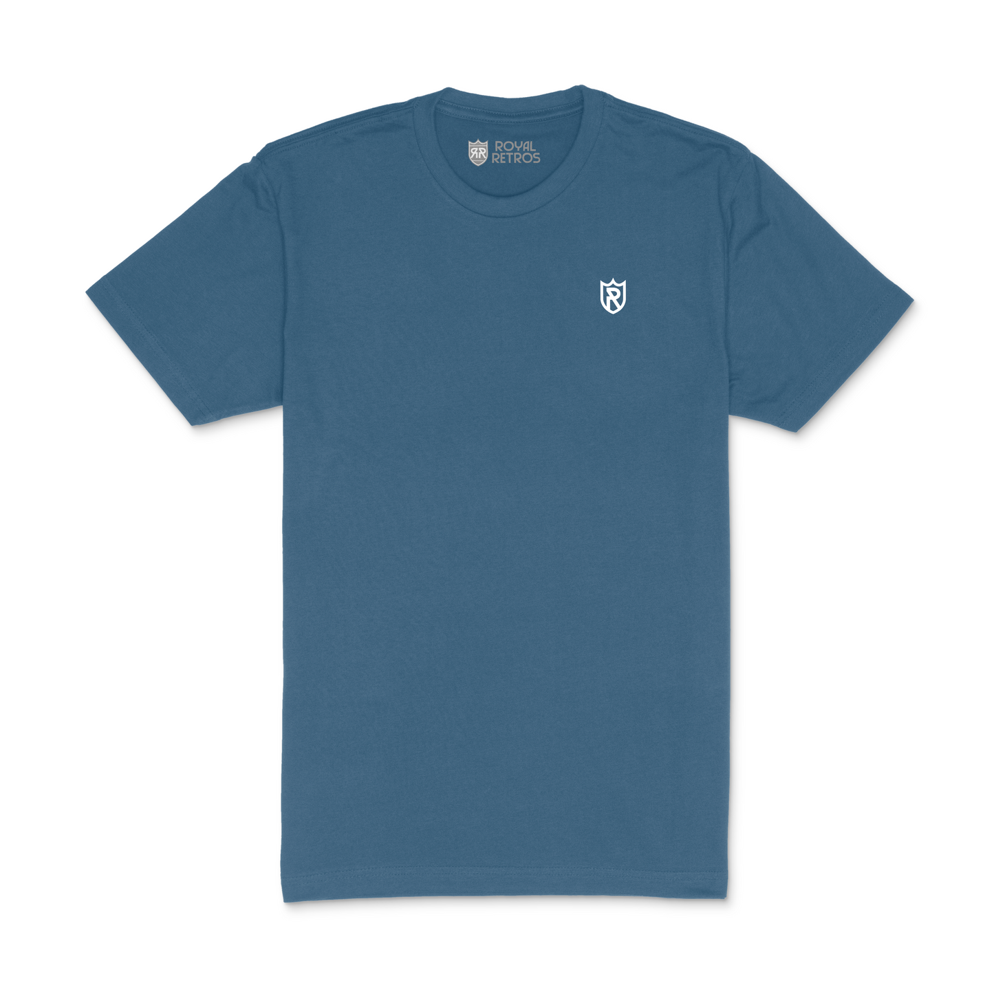 Royal Retros athletic T-shirt. Cool blue. Royal Retros logo on left chest. Logo is a white outlined shield with an R in the middle. Royal Retros