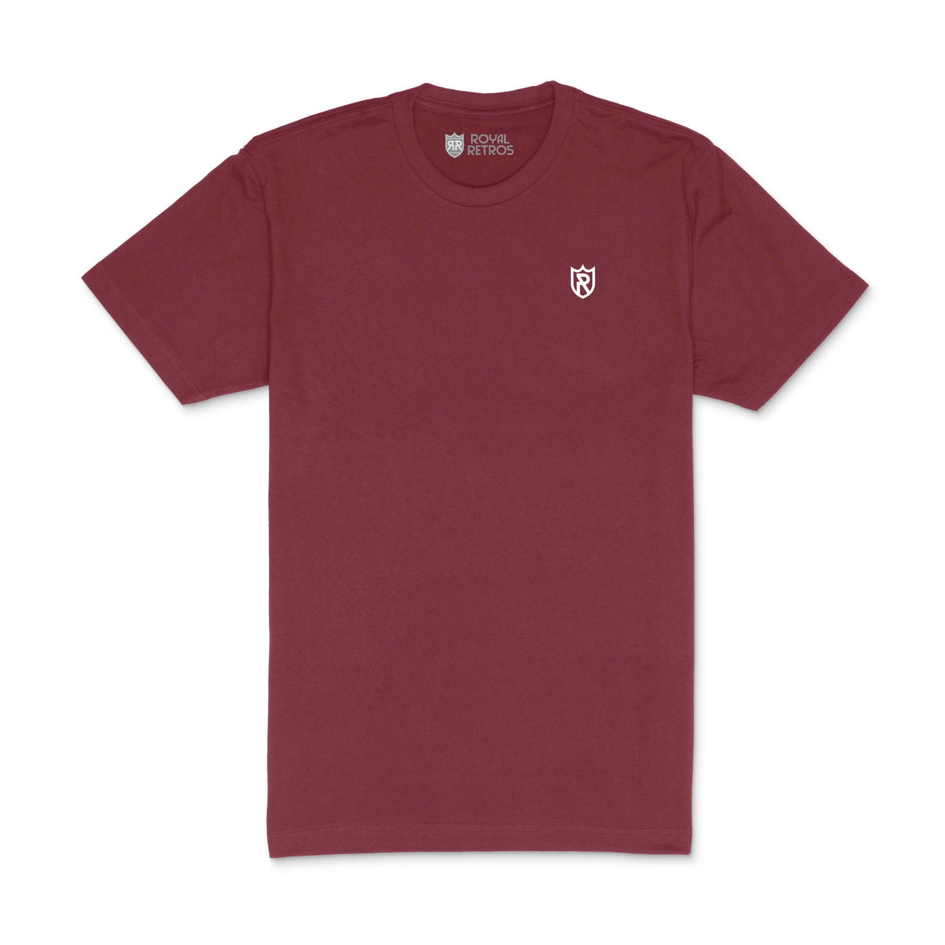 Royal Retros athletic T-shirt. Cardinal red. Royal Retros logo on left chest. Logo is a white outlined shield with an R in the middle. Royal Retros