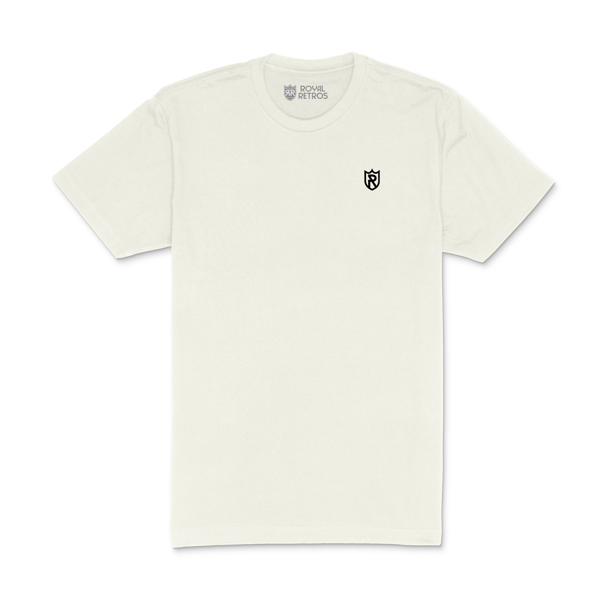 Royal Retros athletic T-shirt. White. Royal Retros logo on left chest. Logo is a black outlined shield with an R in the middle. Royal Retros