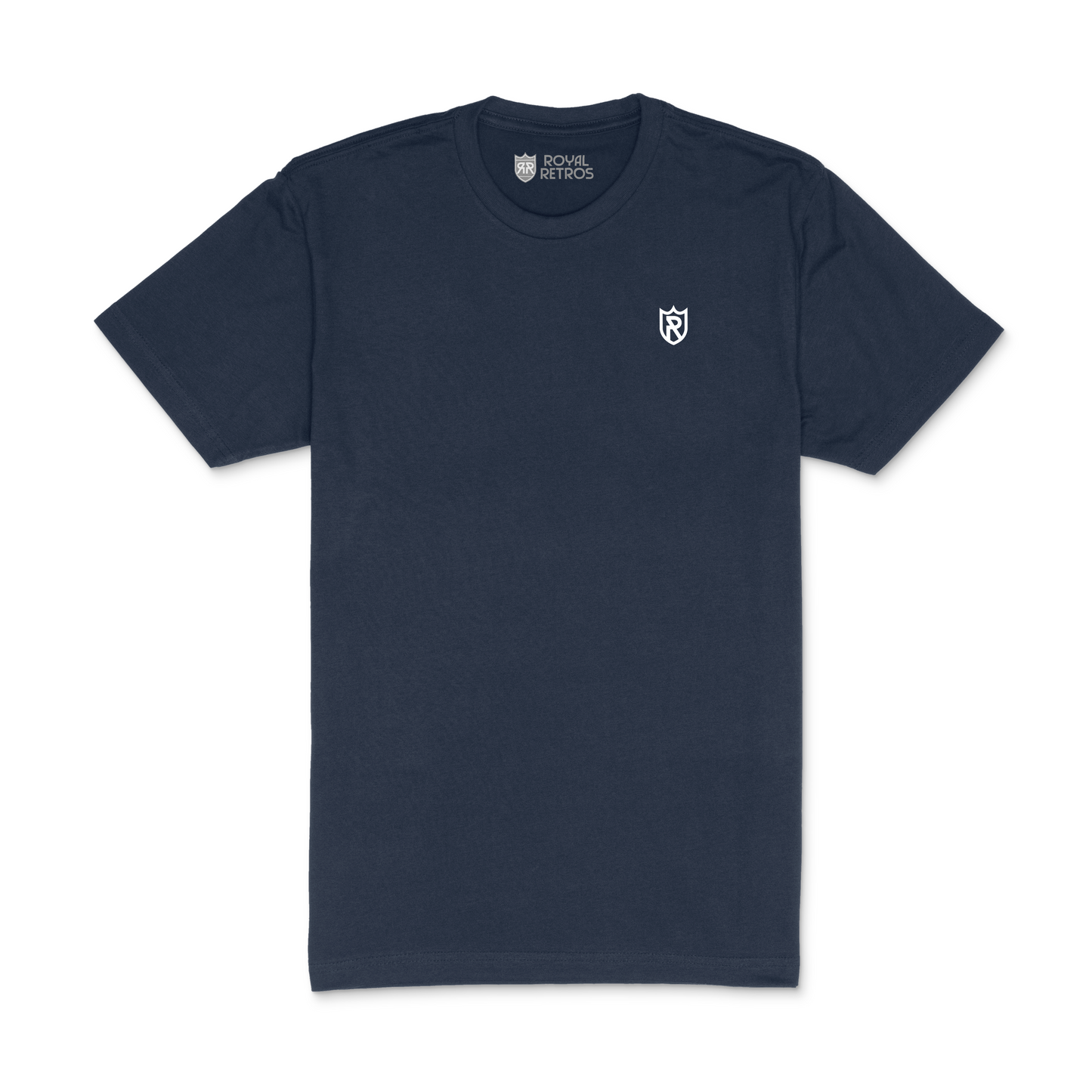Royal Retros athletic T-shirt. Navy. Royal Retros logo on left chest. Logo is a white outlined shield with an R in the middle. Royal Retros