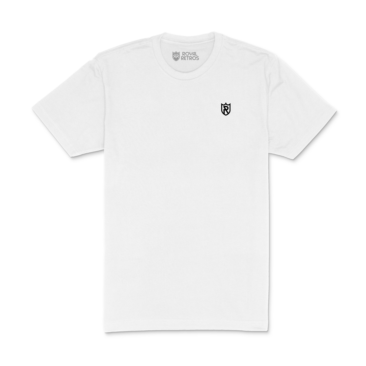 Royal Retros athletic T-shirt. White. Royal Retros logo on left chest. Logo is a black outlined shield with an R in the middle. Royal Retros