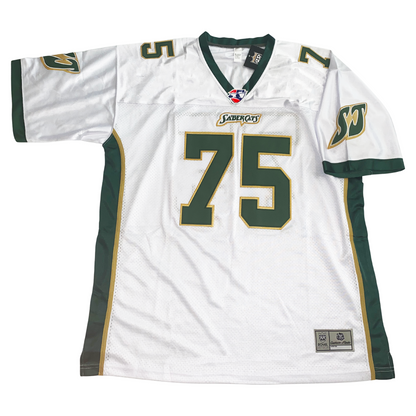San Jose Sabercats Arena Football League Jersey. White with green sides with gold trim. Green sleeve ends, green trim on neck. Sabercats small above #75 in green with gold trim large on chest small on shoulders. SJ in green with white and gold trim on shoulders. Royal Retros