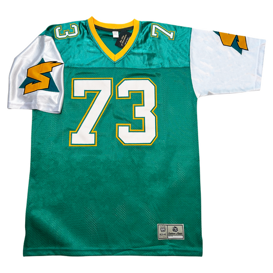 Sacramento Surge WLAF Jersey teal with white sleeves and white #73 Royal Retros