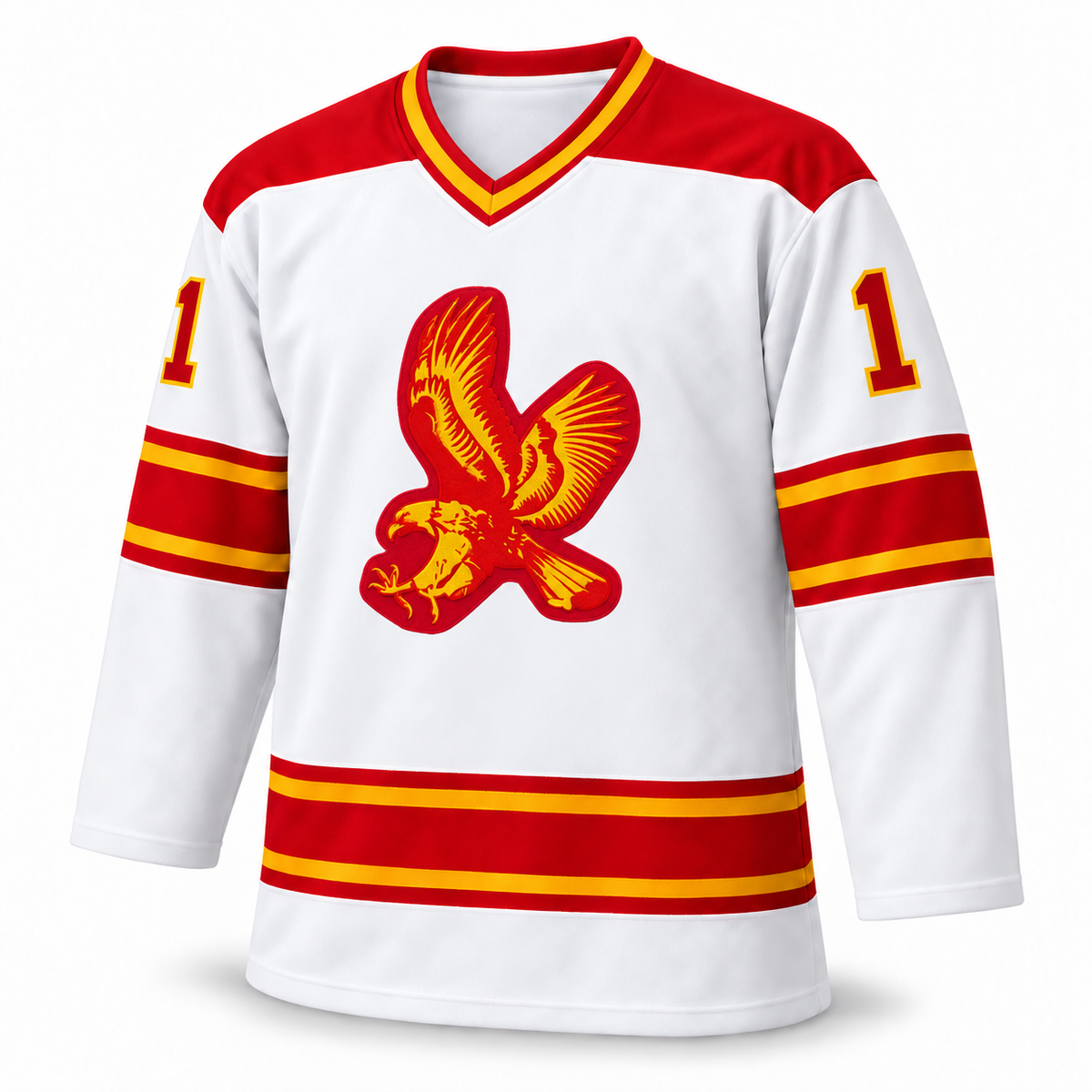 Salt Lake Golden Eagles 1990s white jersey front, number 1, with red-backed gold eagle crest