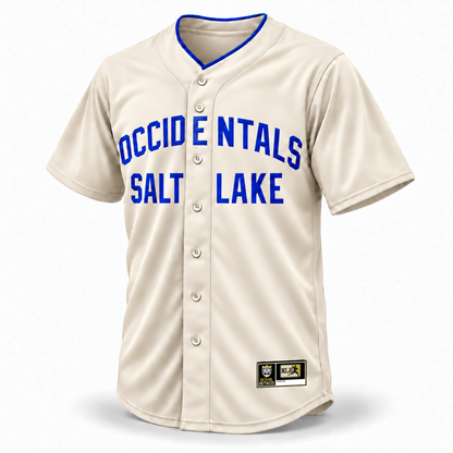 Salt Lake Occidentals NLB Jersey — cream front mockup with royal blue OCCIDENTALS and SALT LAKE block lettering, blue collar trim and original NLB jock tag.