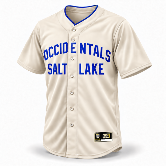 Salt Lake Occidentals NLB Jersey — cream front mockup with royal blue OCCIDENTALS and SALT LAKE block lettering, blue collar trim and original NLB jock tag.