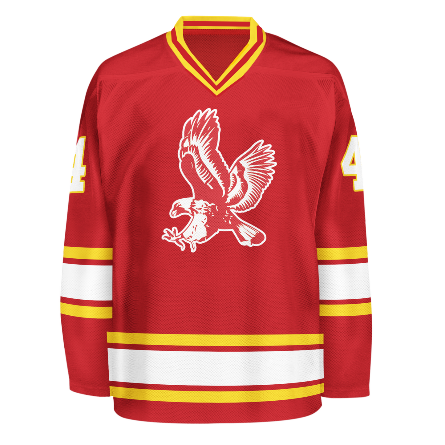 Salt Lake City Golden Eagles Jersey red. Gold, red, white, red, gold stripes on sleeve and waist. Gold red and gold on neck. Large white landing eagle on chest. #4 in white with gold trim on upper sleeves. Royal Retros