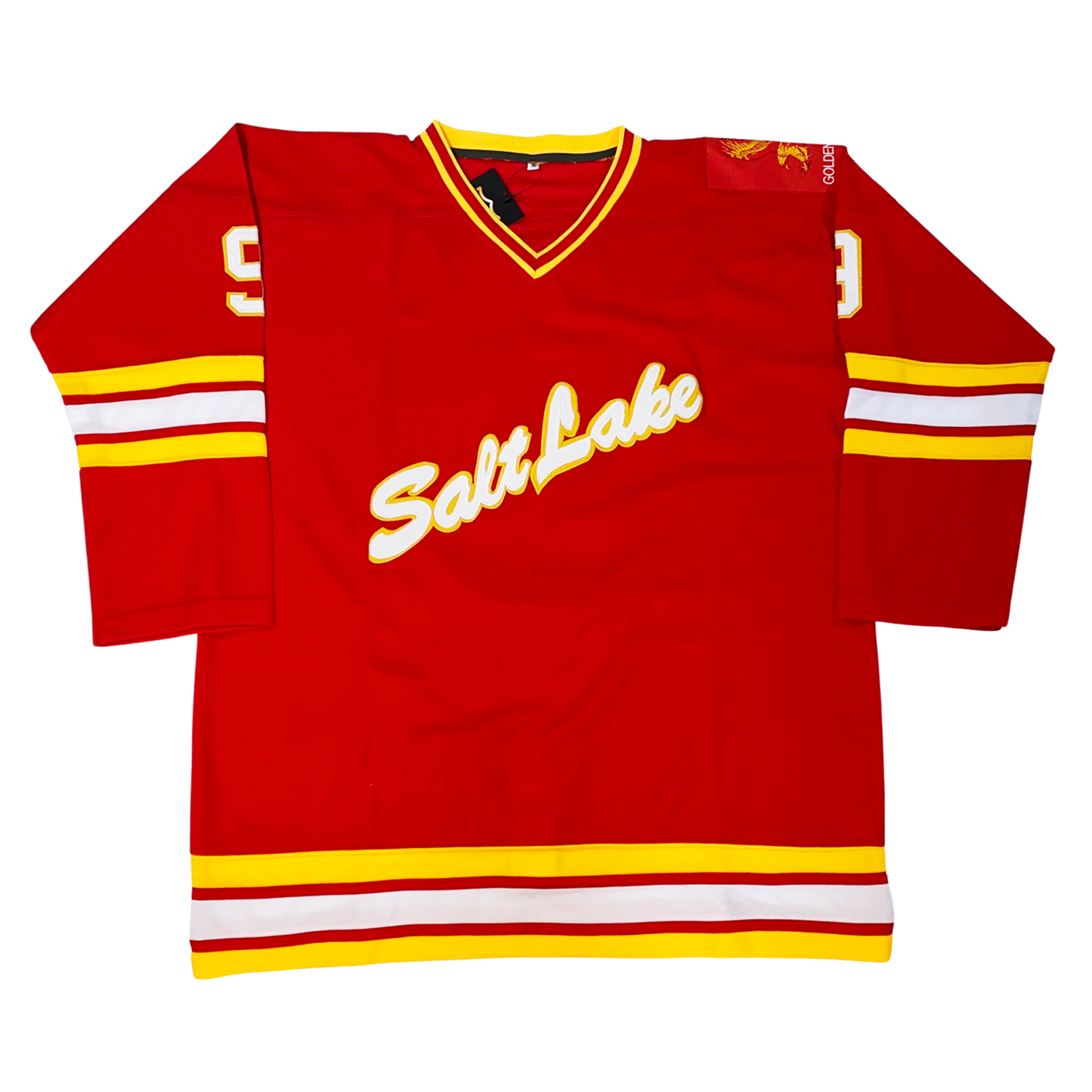 Salt Lake City Golden Eagles Jersey red. Gold, red, white, red, gold stripes on sleeve and waist. Gold red and gold on neck. Salt Lake in script diagonal lower left to upper right in white with gold trim. #9 in white with gold trim on shoulders. Royal Retros