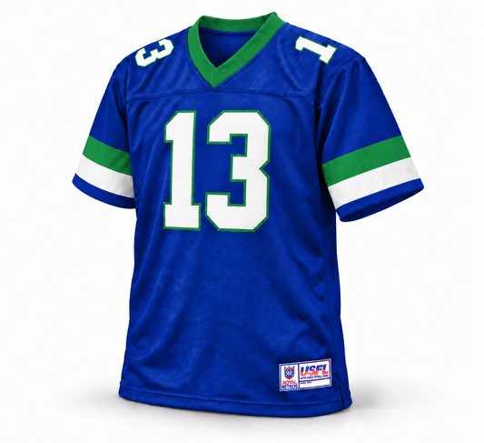 San Antonio Gunslingers USFL jersey in royal blue, front view, number 13