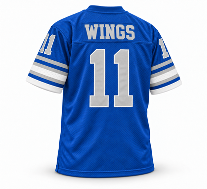 San Antonio Wings WFL jersey, royal blue with gray WINGS name and number 11, back view