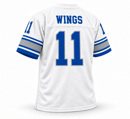 San Antonio Wings WFL jersey, white with royal blue WINGS name and number 11, back view