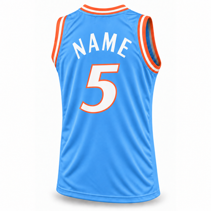 San Diego Basketball Jersey light blue back, white custom arched NAME, white number 5 with orange outline.