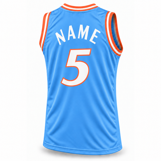 San Diego Basketball Jersey light blue back, white custom arched NAME, white number 5 with orange outline.