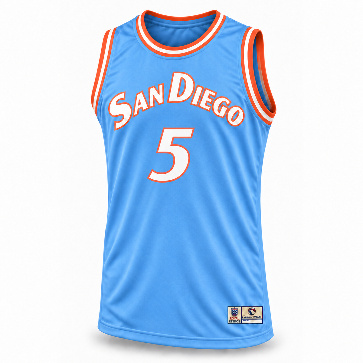 San Diego Basketball Jersey light blue front, custom white number 5 with orange outline, orange-white-orange collar and armhole trim.