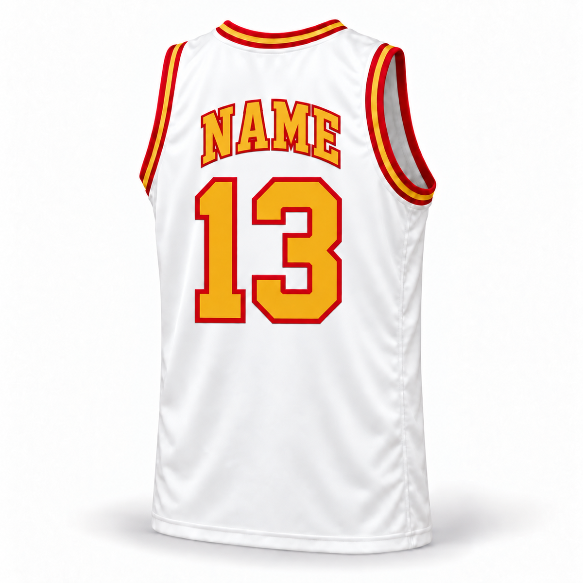 1972–74 San Diego Conquistadors ABA basketball jersey, white back with yellow NAME lettering, red outline, and number 13.