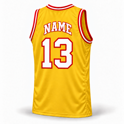 1972–74 San Diego Conquistadors ABA basketball jersey, yellow back with white NAME lettering, red outline, and number 13.