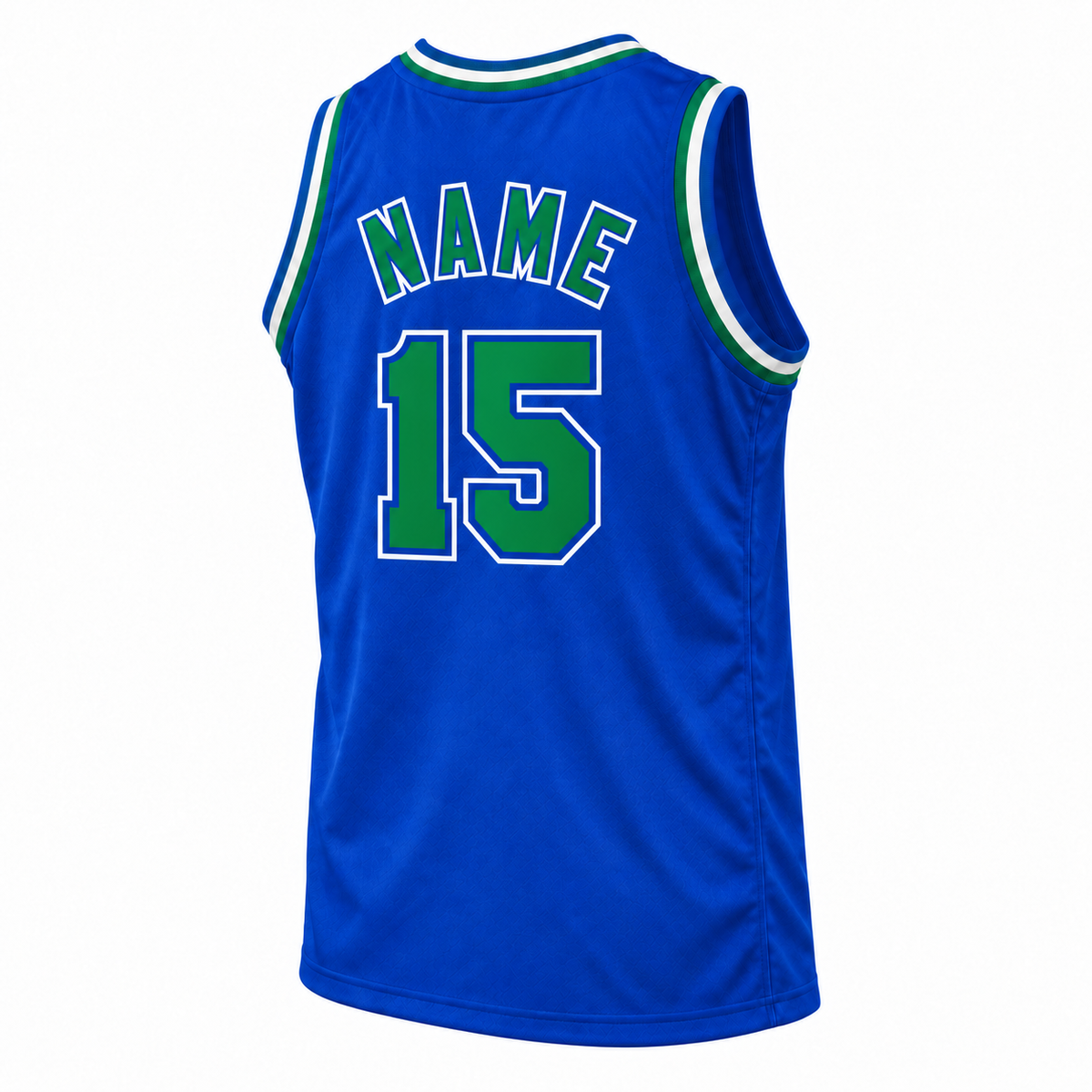 San Diego Sails ABA basketball jersey, royal blue road color, back three-quarter view, NAME and green number 15 with royal blue and white outlines.