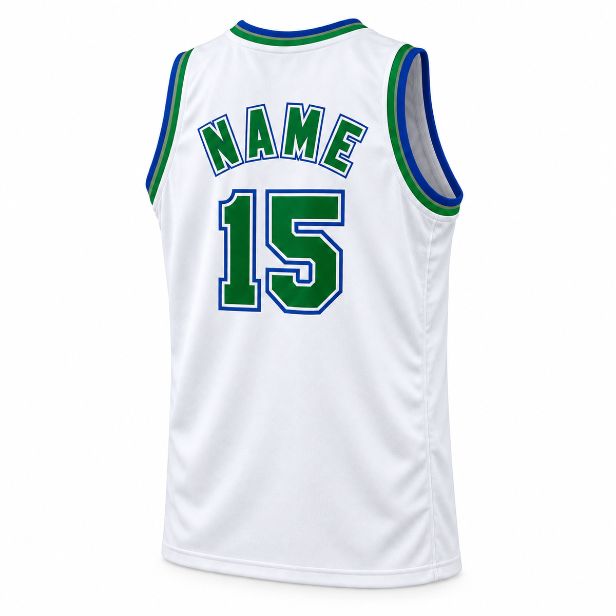 San Diego Sails ABA basketball jersey, white home color, back three-quarter view, NAME and green number 15 with white and royal blue outlines.