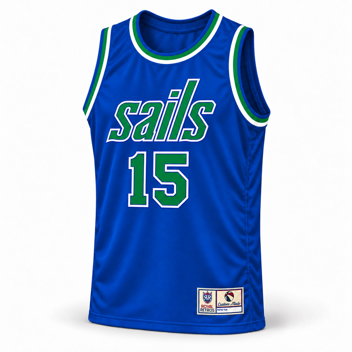 San Diego Sails ABA basketball jersey, royal blue road color, front three-quarter view, number 15.