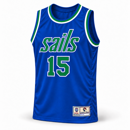 San Diego Sails ABA basketball jersey, royal blue road color, front three-quarter view, number 15.