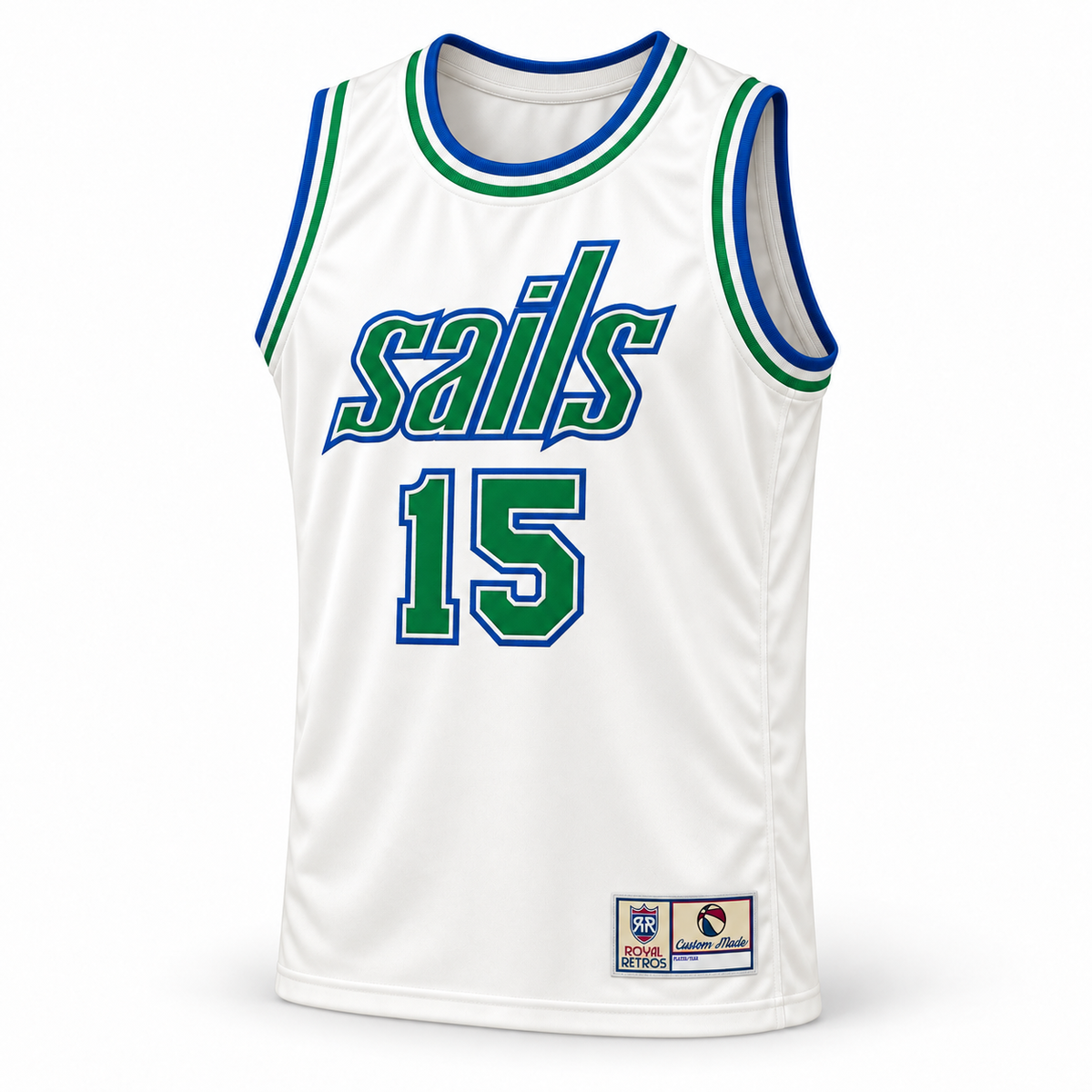 San Diego Sails ABA basketball jersey, white home color, front three-quarter view, number 15.