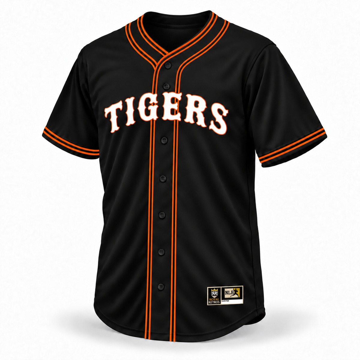 San Diego Tigers NLB Jersey — black front with white and orange TIGERS lettering and orange-black-orange crossover piping