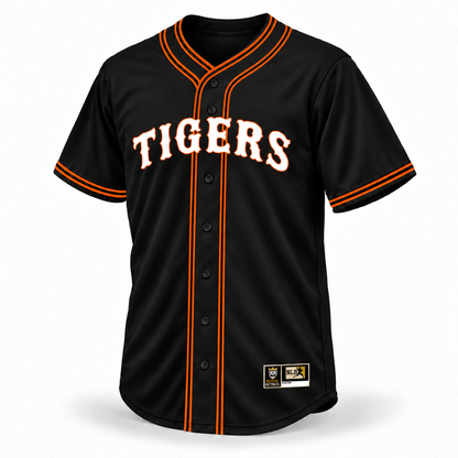 San Diego Tigers NLB Jersey — black front with white and orange TIGERS lettering and orange-black-orange crossover piping