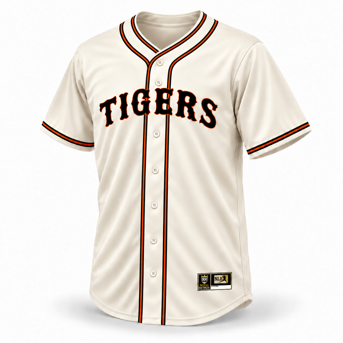 San Diego Tigers NLB Jersey — cream front with black TIGERS lettering outlined in orange and crossover piping