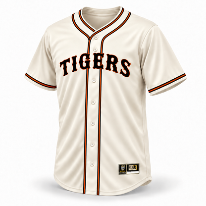 San Diego Tigers NLB Jersey — cream front with black TIGERS lettering outlined in orange and crossover piping