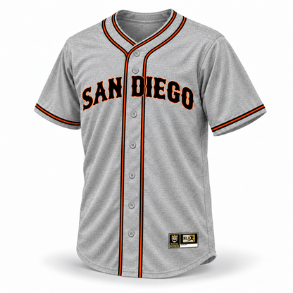 San Diego Tigers NLB Jersey — gray wool front with black SAN DIEGO lettering outlined in orange