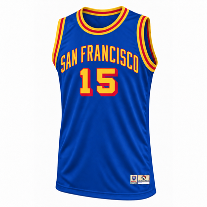 San Francisco Basketball Jersey — blue, front mockup, number 15.