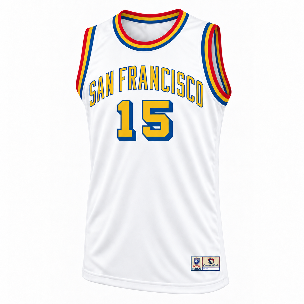 San Francisco Basketball Jersey — white, front mockup, number 15.