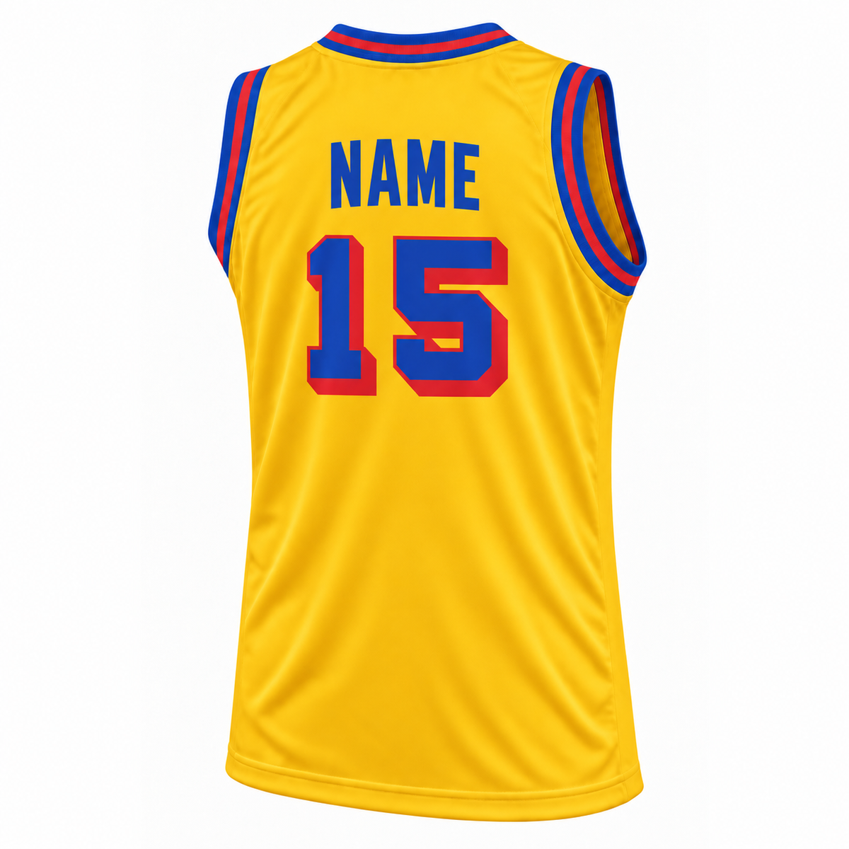 San Francisco Basketball Jersey — yellow, back mockup, number 15, NAME above number with no outline.