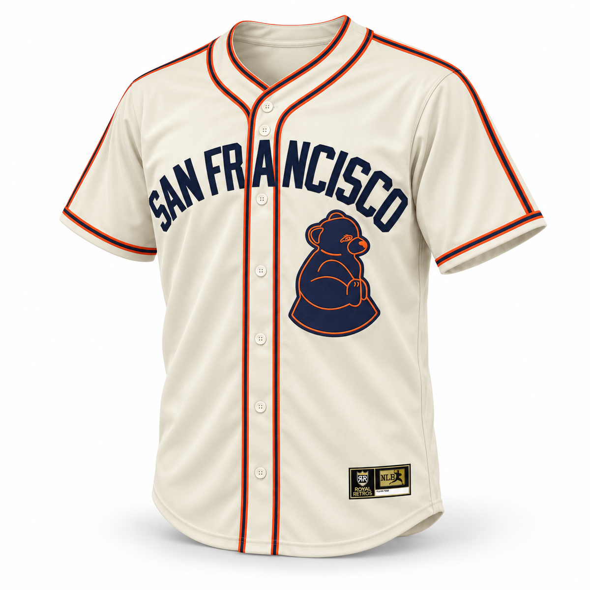 San Francisco Sea Lions NLB jersey, cream front with navy San Francisco lettering, navy and orange sea lion crest and trim.