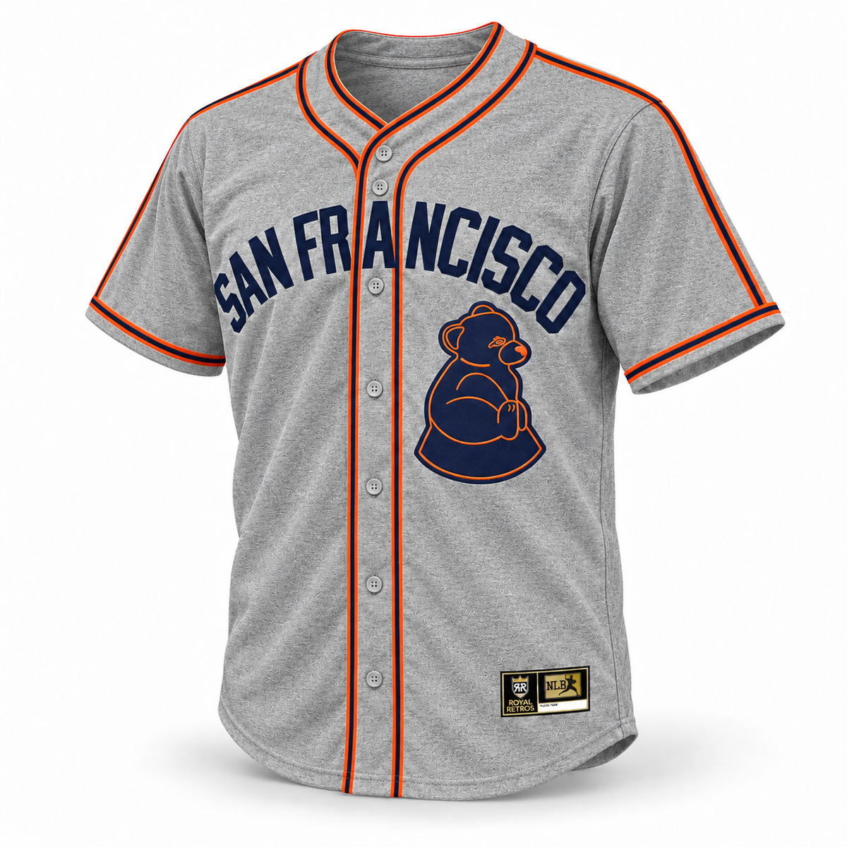 San Francisco Sea Lions NLB jersey, gray wool flannel front with navy San Francisco lettering, navy and orange sea lion crest and trim.