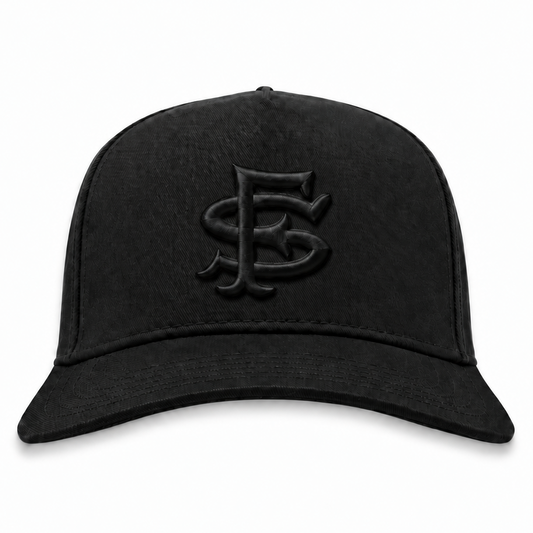 San Francisco Seals blackout snapback hat with black 3D puff embroidery, front view