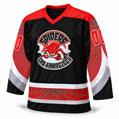 San Francisco Spiders black jersey front mockup, number 00