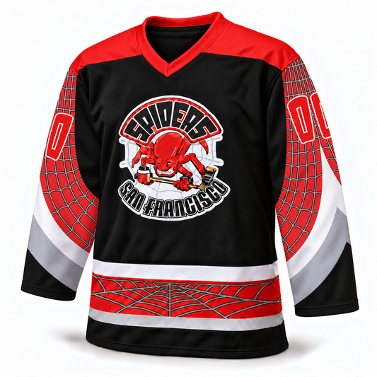 San Francisco Spiders black jersey front mockup, number 00