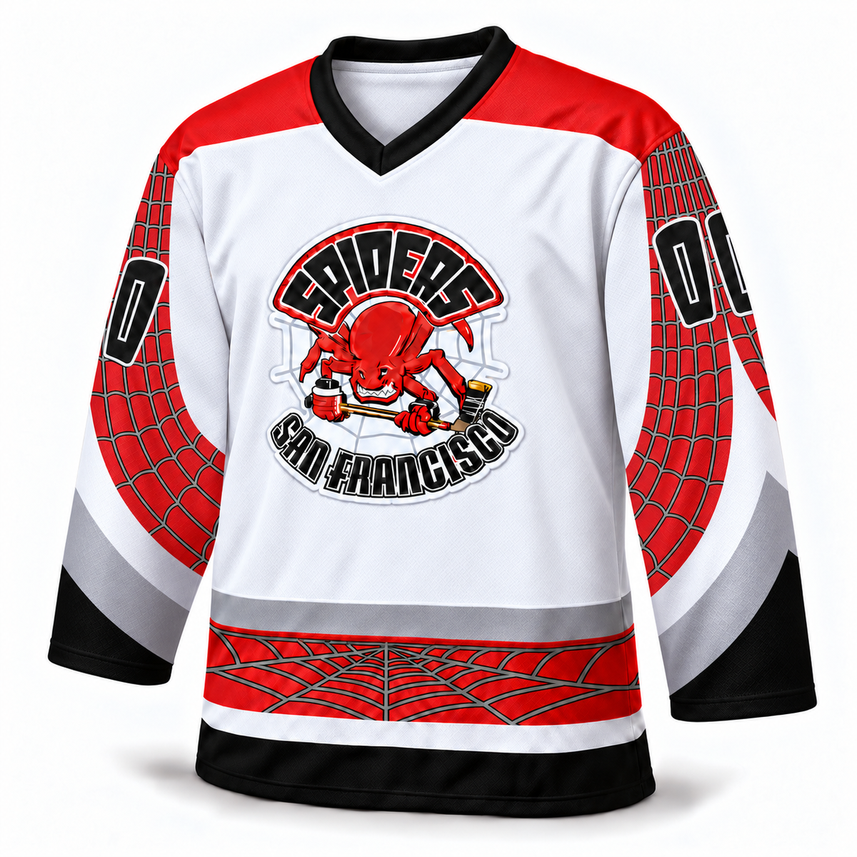 San Francisco Spiders white jersey front mockup, number 00