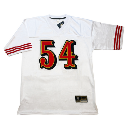 San Francisco 49ers fred warner rivalries football jersey with saloon font numbers. throwback style faithful jersey