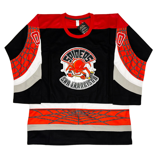 San Francisco Spiders Jersey black with red, white, and gray trim on shoulders and waist. Logo on chest featuring spiders above, spider with a hockey stick on the center and San Francisco underneath. Red shoulders. Red band with webbing, white band, silver band, black band on Sleeves and at waist.  Royal Retro