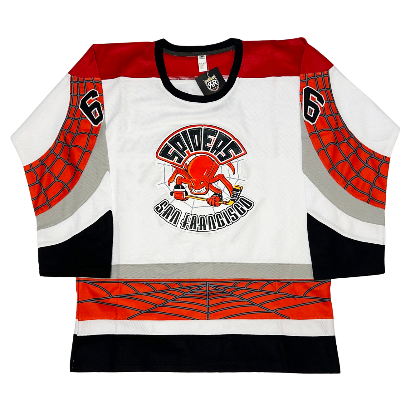 San Francisco Spiders Jersey white with red, black, and gray trim on shoulders and waist. Logo on chest featuring spiders above, spider with a hockey stick on the center and San Francisco underneath. Red shoulders. Red band webbing, silver band, white band, black band on sleeves and waist. Black collar. Royal Retro