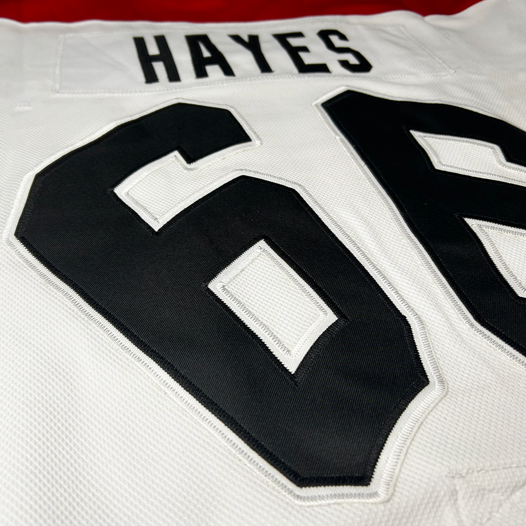 San Francisco Spiders Jersey white back close-up #66 in black and "Hayes" in black Royal Retros