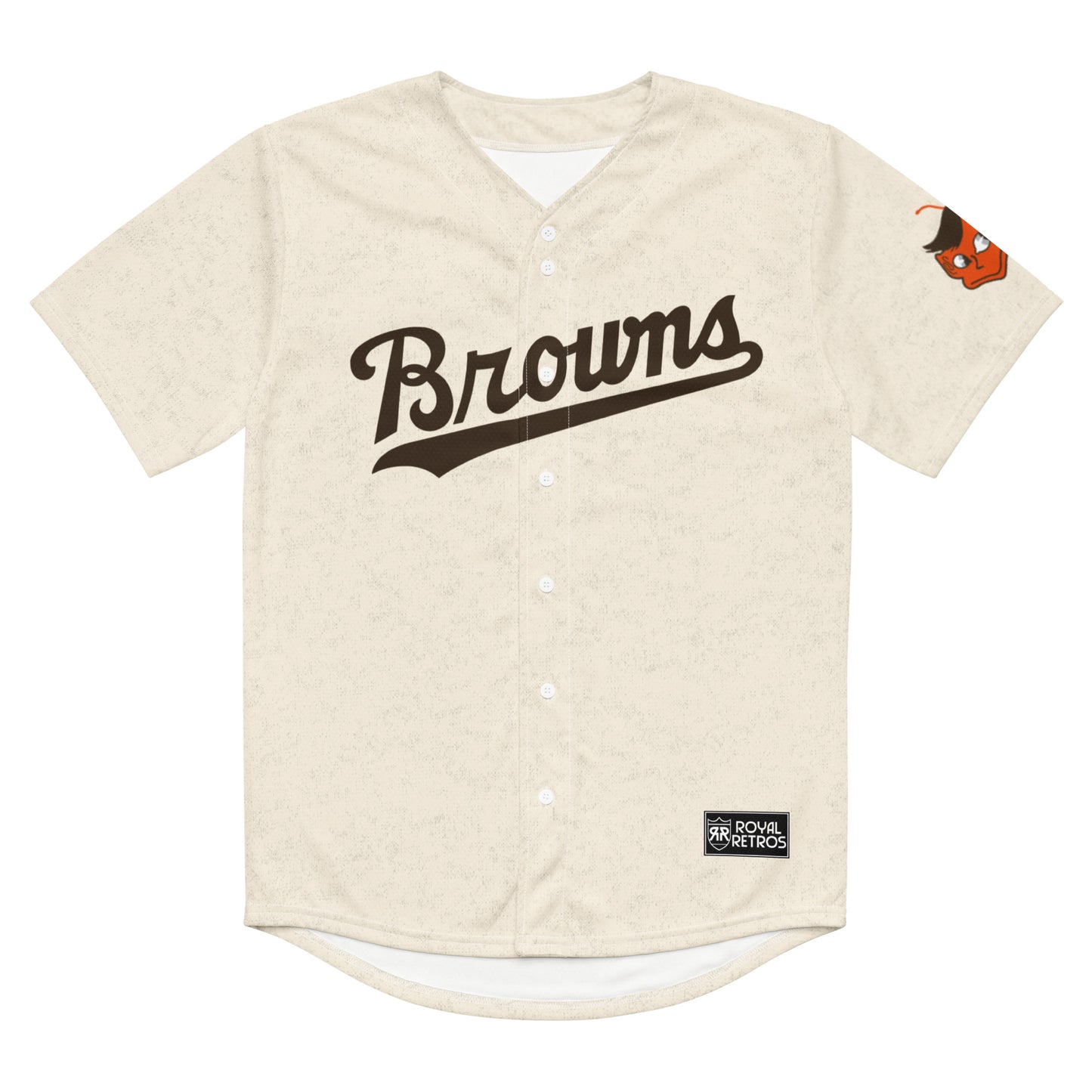 St. Louis Browns replica pull-over baseball jersey. White. Browns in brown angled slightly lower left to upper right, in script, with tail running off S and under Browns. Orange elf face on left sleeve. Royal Retros.