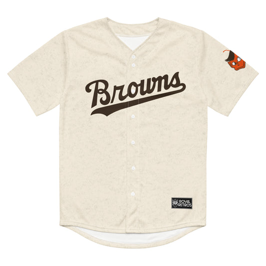 St. Louis Browns replica pull-over baseball jersey. White. Browns in brown angled slightly lower left to upper right, in script, with tail running off S and under Browns. Orange elf face on left sleeve. Royal Retros.