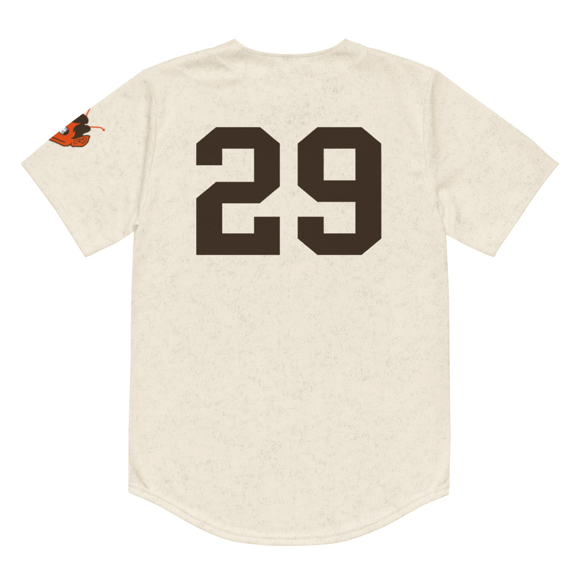 St. Louis Browns replica pull-over baseball jersey. White. Back. Large brown numerals on back center.  Orange elf face on left sleeve. Royal Retros.