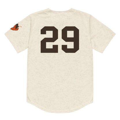 St. Louis Browns replica pull-over baseball jersey. White. Back. Large brown numerals on back center.  Orange elf face on left sleeve. Royal Retros.